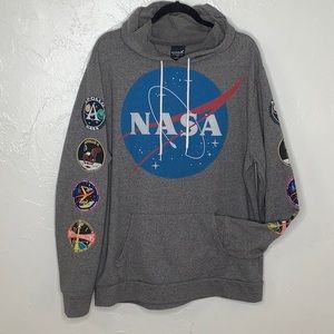 NASA Buzz Aldrin Large Logos pull over Kangaroo pocket Hoodie size large EUC
